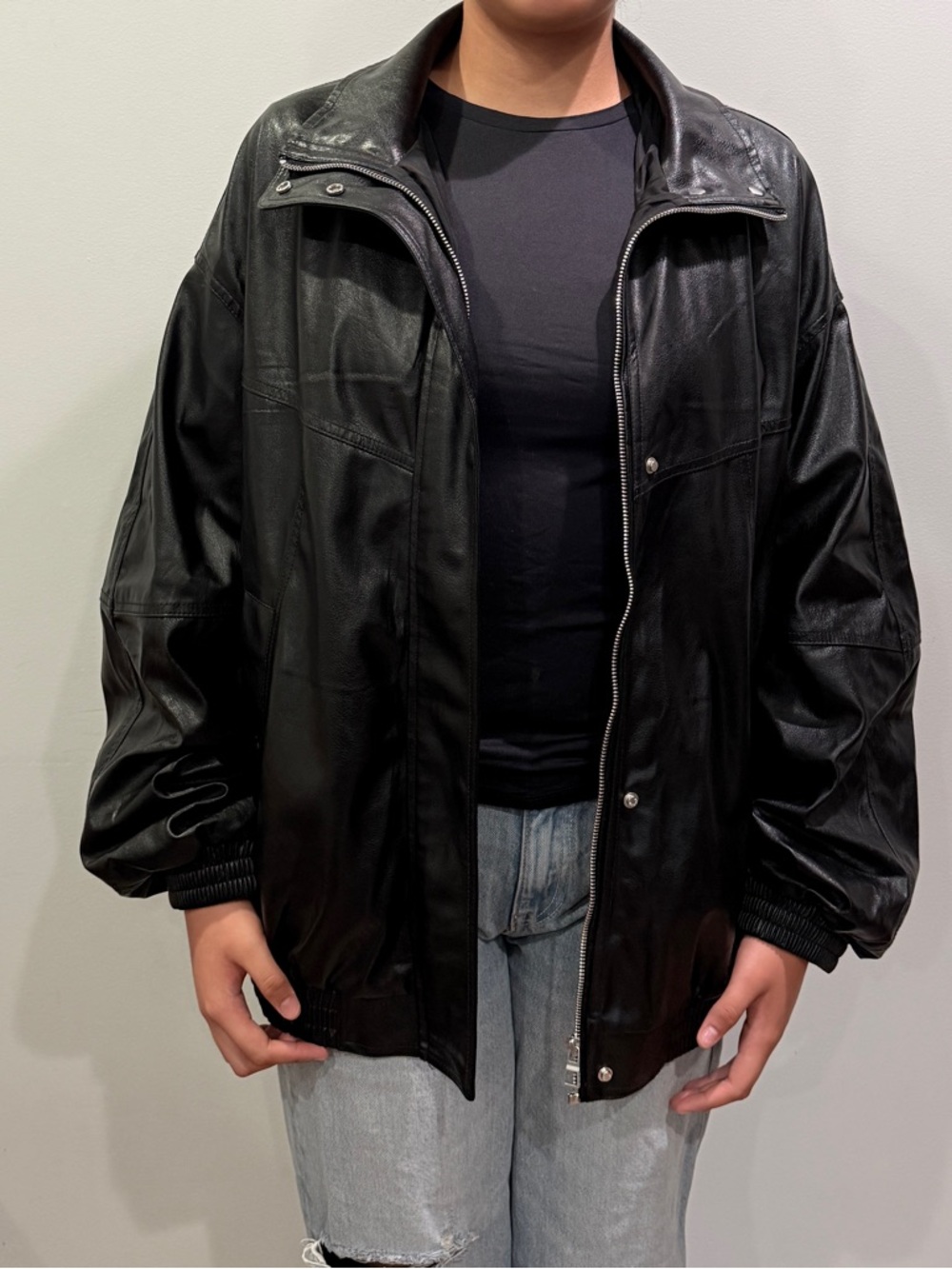 Bershka Black Leather Bomber Jacket - Unisex Oversized Fit